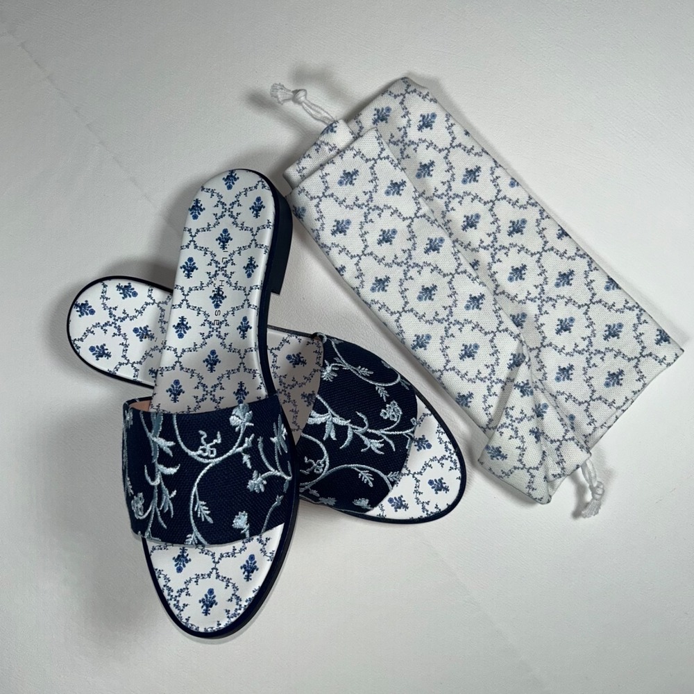 Hill House Home The Somerset Slide Slippers Blue Floral Toile Women's 8.5 NIB